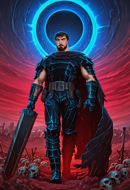 neonpunk style concept art (masterpiece,best quality,amazing quality,absurdres),
<lora:iluha:0.8> iluha, 1boy, male focus, beard, brown hair, solo, facial hair, blue eyes, mustache, short hair, thick eyebrows,  
 <lora:NOOB_vp1_detailer_by_volnovik_v1:1> <lora:illustrious_quality_modifiers_masterpieces_v1:1> masterpiece, very aesthetic, absurdres, male Guts_Armor, brown eyes, short hair, spiked hair, black armor, full armor, torn cape, one eye closed, muscular male, eclipse background, red landscape, skulls, city, belt, (cyberpunk:1.2) <lora:BerserkILLUSTRIOUS:0.6> berserk <lora:DragonSlayerSword-Il.V1.0:1> DragonSlayerSword-Il.V1.0, wielding-dragonslayer, , huge weapon, sword, holding sword, holding weapon <lora:illustrious_h_v2:0.5> . digital artwork, illustrative, painterly, matte painting, highly detailed . cyberpunk, vaporwave, neon, vibes, vibrant, stunningly beautiful, crisp, detailed, sleek, ultramodern, magenta highlights, dark purple shadows, high contrast, cinematic, ultra detailed, intricate, professional