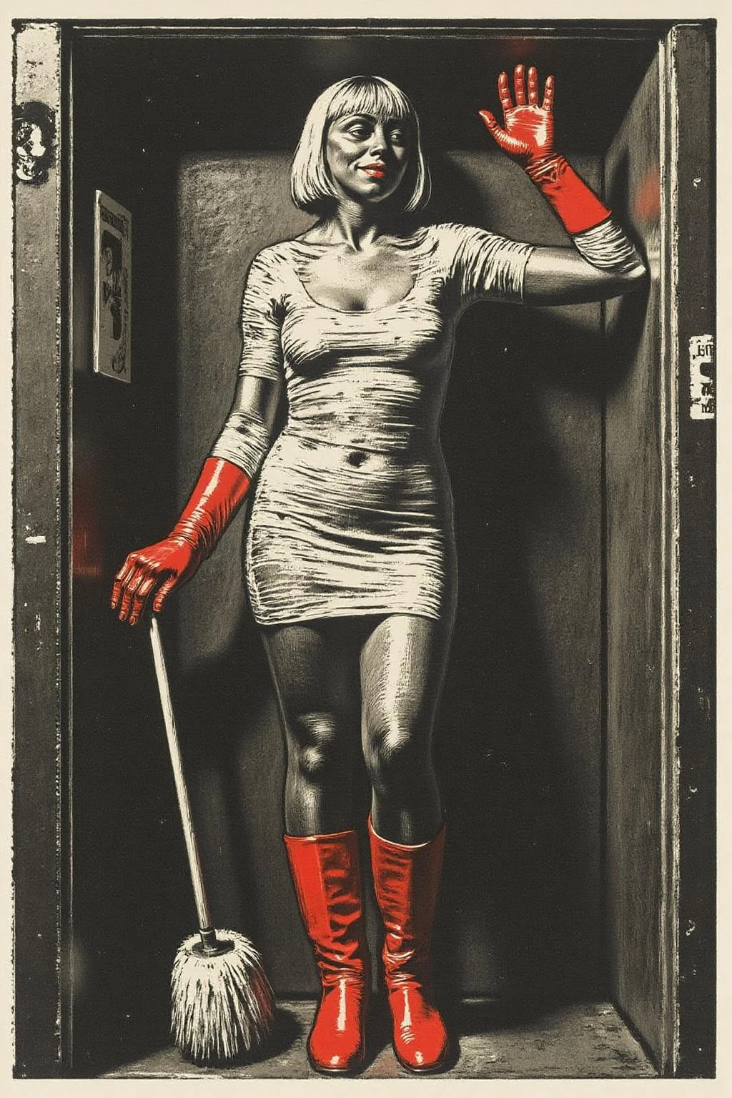 kako1 black and white woodcut print. A slim Swedish woman stands confidently in a small, dingy restroom. She platinum blonde bob haircut and a fringe bangs. She is wrapped in rolls of white bandages like a mini dress, and wear bright red rubber gloves and matching boots. She holds a large toilet brush with a playful smile, juxtaposing glamour with an unexpected setting. The surrounding walls, adorned with worn posters, add a gritty, urban edge to the surreal, fashion-forward scene.   <lora:kako3_woodcut_cap_d6a3e11:1.0><lora:817685898549397841:0>