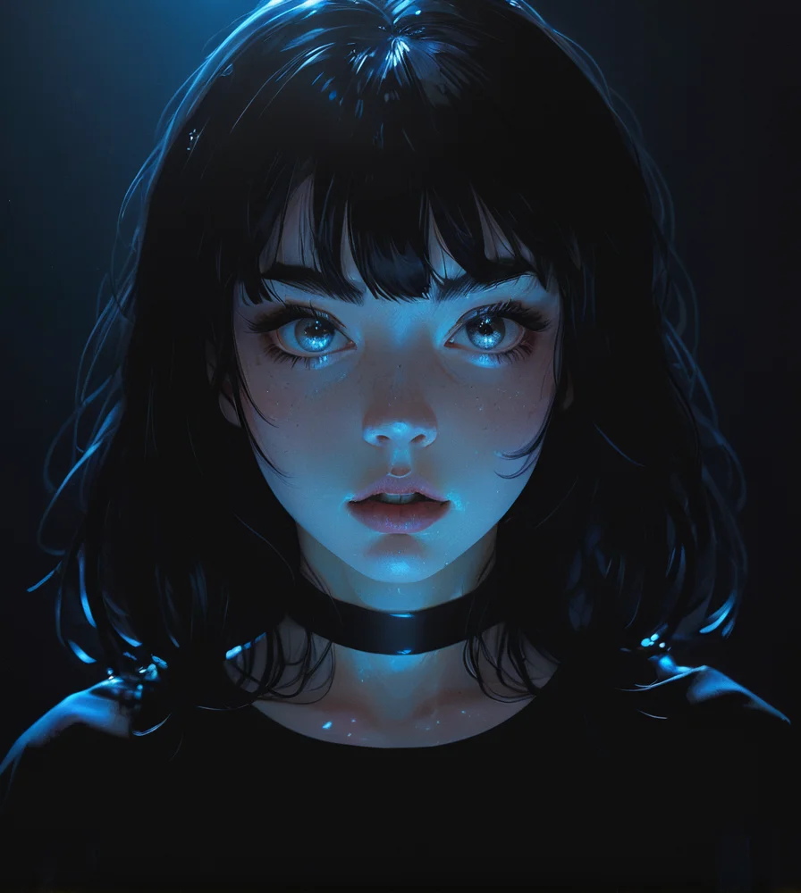 masterpiece,high resolution,8k,
3xpression,,1girl, ,black clothes,,upper body,dark hair,glow
, ,gl0w,, <lora:glowXL-9:0.6>