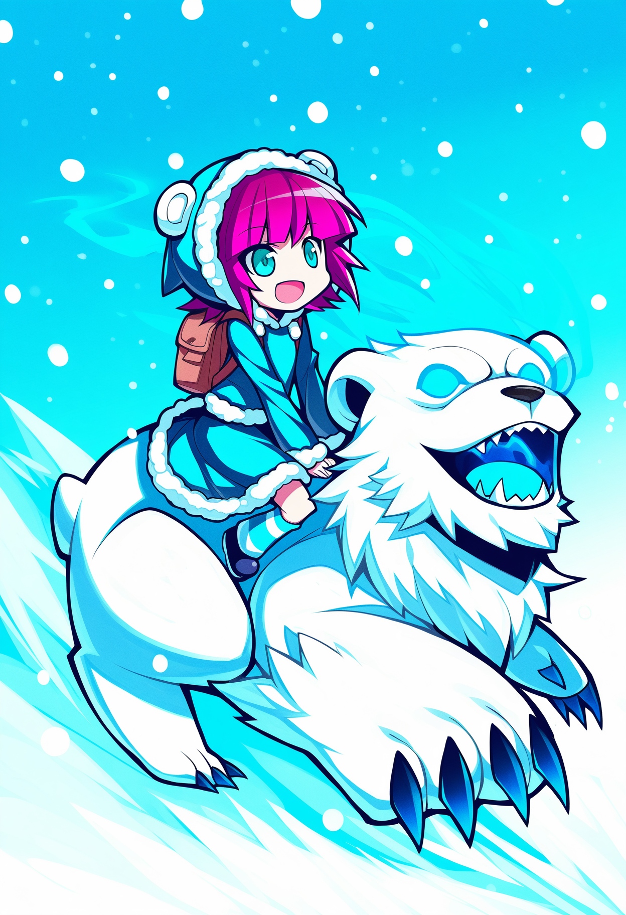 annie \(league of legends\), frostfire annie, league of legends, kaguya, 1girl, solo, smile, short hair, open mouth, hat, green eyes, pink hair, purple hair, hood, bag, aqua eyes, glowing, backpack, glowing eyes, snow, snowing, riding, bear, polar bear, frostfire tibbers
(traditional media,:0.7)(hatching \(texture\),: :0.3)(masterpiece:0.5)