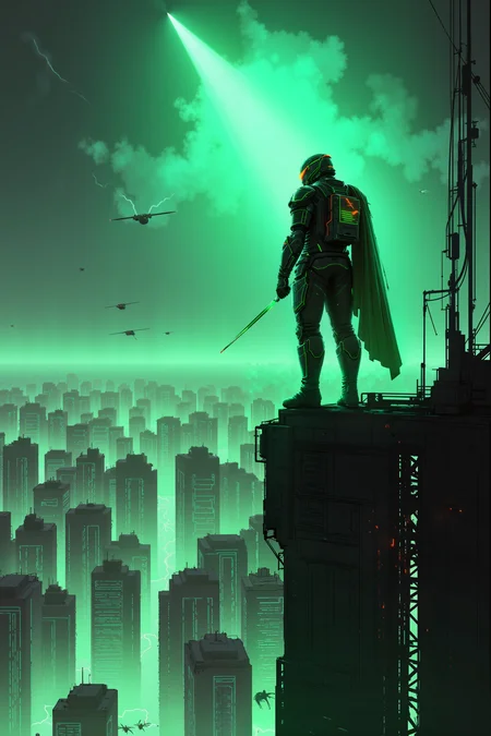 Perched atop a skyscraper that has begun to crack and crumble, a lone figure in emerald green armor stares out over the dystopian ruins of a once-thriving megacity. His armor, sleek and angular, is dotted with glowing circuits that flicker and sputter, reflecting the instability of the collapsing world around him. Below, massive buildings lie in ruin, some slowly sinking into the ground, others exploding in clouds of dust as they give way to the relentless decay. The sky above is an oppressive shade of greenish-gray, filled with swirling storm clouds and flashes of lightning, casting the landscape in an eerie, apocalyptic light. His helmetâs visor gleams with a sharp, viridescent glow as he surveys the devastation, the HUD displaying red warnings of structural collapse. Hovering drones, their once sleek designs now rusted and malfunctioning, zip through the air, scanning the broken streets for signs of life. His hand rests on the hilt of a glowing, plasma-edged sword, its emerald blade humming softly, while his cape flutters in the toxic wind. The cityâs distant screams and crashes echo around him, as the world teeters on the edge of complete destruction, and he stands as a lone sentinel against the inevitable end.,ck-nw, in the style of ck-nw<lora:ck-Neon-Retrowave>