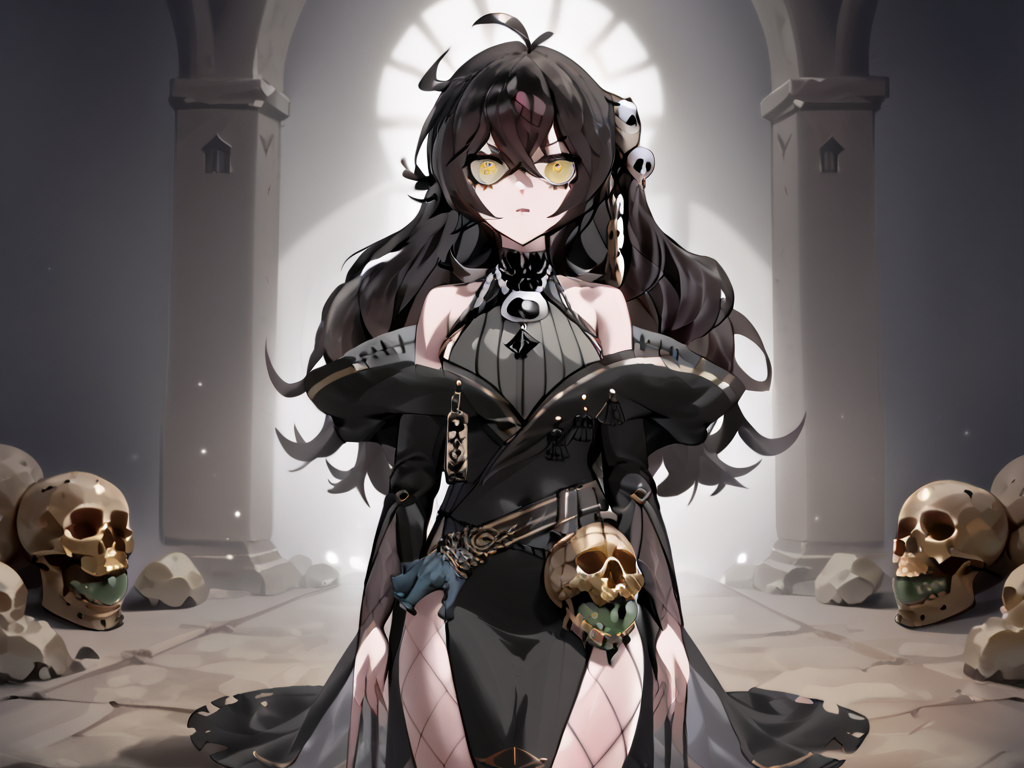 score_9,score_8_up,score_7_up, 1girl, solo, low angle, candlelit, suspicious glance, <lora:GrimmiVT_2.0:1> Grimmi2nd, long hair, bare shoulders, black hair, yellow eyes, bangs, skull hair ornament, fishnet pantyhose, hair between eyes, black dress, ahoge, antenna hair, off shoulder, belt, messy hair, detached sleeves, bags under eyes, pelvic curtain, black leotard,, (<lora:PulenKompot-Venus_Body-SDXL:1> venusbody, thick), neon glow color hair,choker, (pearly white scarred skin), huge implant breasts, covered crotch, (kneeling),vile hush mania mangled desert shrine background,  <lora:VanripperIllustriousXL_byKonan:1> vanripper