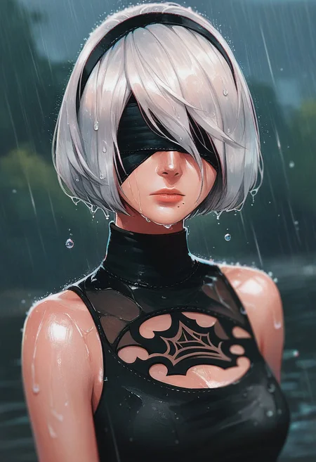 score_9, score_8_up, score_7_up, score_6_up, 1girl, solo, breasts, short hair, dress, bare shoulders, medium breasts, closed mouth, upper body, white hair, hairband, sleeveless, mole, blurry, black dress, lips, wet, depth of field, blurry background, turtleneck, black hairband, wet clothes, mole under mouth, facing viewer, rain, water drop, blindfold, wet hair, covered eyes, black blindfold, yorha no. 2 type b