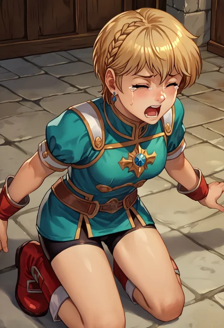 score_9, score_8_up, score_7_up, source_anime,
, (best quality) , (highly detailed) ,masterpiece ,absurdres ,detailed face ,beautiful face ,
<lora:pony_xl_Hildegard:0.8>,Hildegard,score_9,score_8_up,1girl,female,kawaii,solo,short hair,earrings blond hair
armor, o-ring, short sleeves, gauntlet, skirt, bike shorts, asymmetrical legwear, greaves, red footwear, single braid, indoors, dungeon, kneeling, scared, closed eyes, tears, open mouth, from above, indoors, dungeon, hand in head
best quality, masterpiece, very aesthetic,
OverallDetail