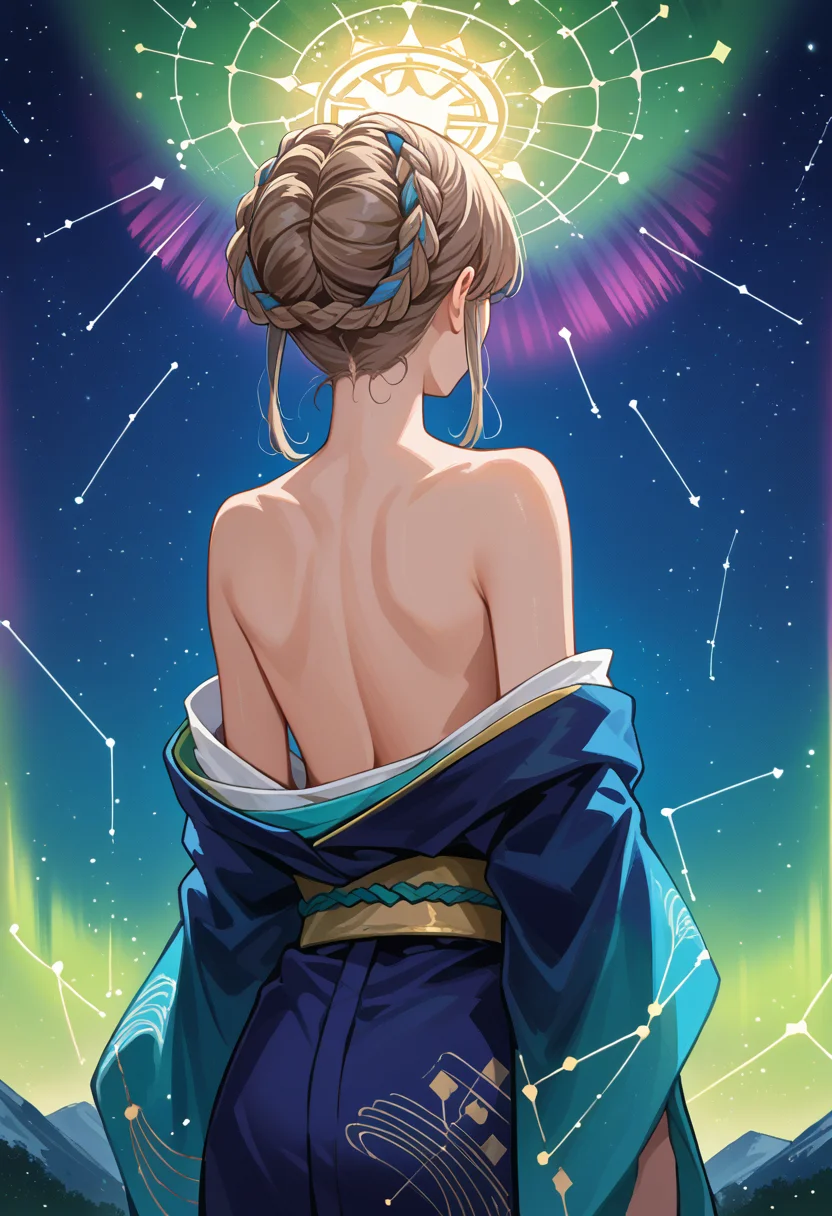 score_9, score_8_up, source_anime, 1girl, solo, PopeJoan, long hair, braided hair rings, aurora, back, bare back, bare shoulders, constellation, from behind, kimono, light particles, long sleeves, off shoulder, <lora:ChamPopeJoanPonyXL:1>