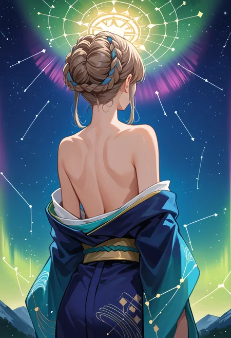 score_9, score_8_up, source_anime, 1girl, solo, PopeJoan, long hair, braided hair rings, aurora, back, bare back, bare shoulders, constellation, from behind, kimono, light particles, long sleeves, off shoulder, <lora:ChamPopeJoanPonyXL:1>