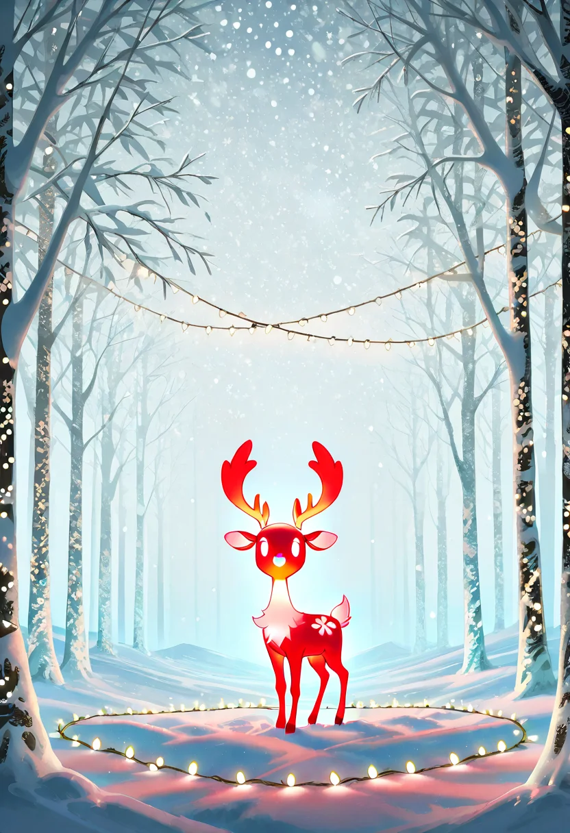Animal Christmas, masterpiece, best quality, A baby deer with a glowing red nose standing in a magical, snow-covered clearing surrounded by twinkling fairy lights strung between trees. In the background, an ethereal Northern Lights display paints the sky.
