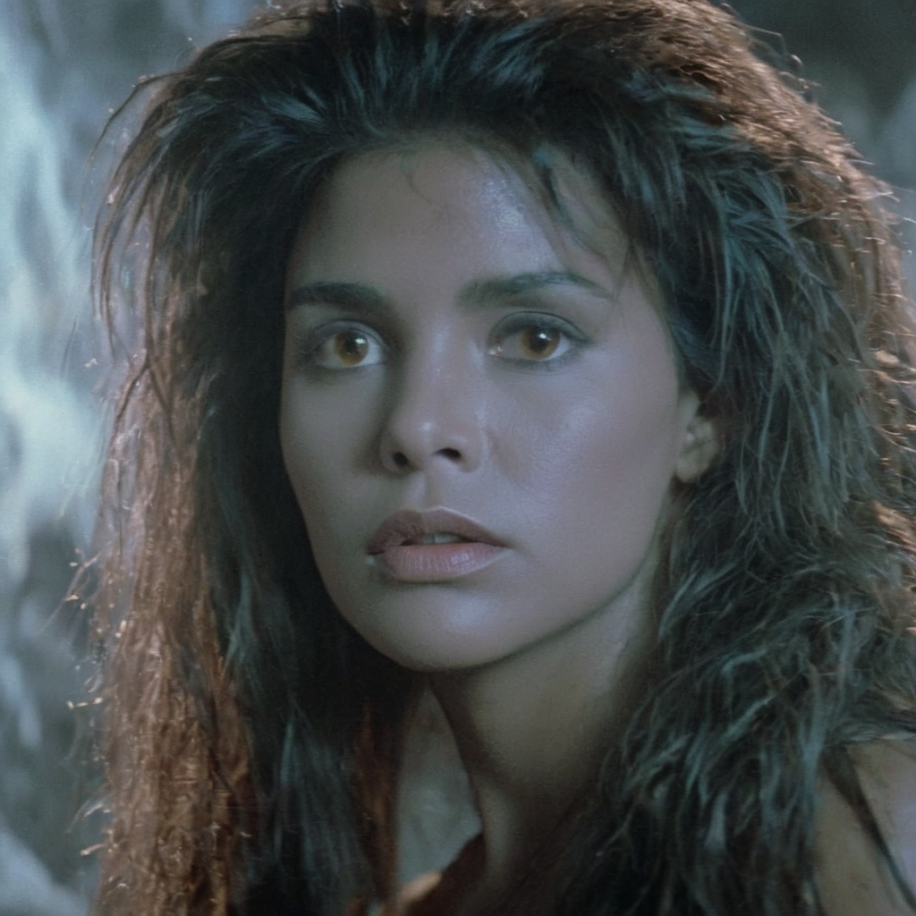 Horror-themed,  <lora:Fright Night 1985 Film Style:1>
Cinematic Closeup Shot Film Footage captured by Panavision Cameras, Regine Dandridge a sexy white cave woman with long messy hair and an innocent look on her face staring at someone to the left with cool light onFright Night 1985 Film Style, Eerie, unsettling, dark, spooky, suspenseful, grim, highly detailed