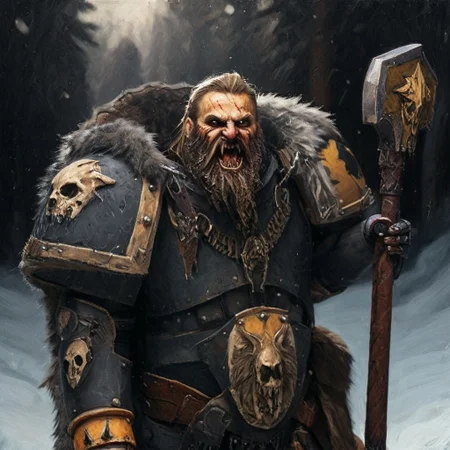 Space wolf warrior, wolf priest, chaplain, skull helmet, wolf skull helmet, wolf skull has a long snout that extends to the helmet mouth vent, the skull has fangs and glowing eyes, warrior with beard is in winter landscape, he is a werewolf space marine,  he as heavy scars, he has his huge runic hammer in his hands, portrait style, viking, norse, beard, clad in ripped furs and pieces of old worn space wolf armor, Black over black, top light, masterful painting in the style of Anders Zorn | Marco Mazzoni | Yuri Ivanovich, Todd McFarlane, oil on canvas
<lora:add-detail-xl:1> <lora:MJ52:0.5>