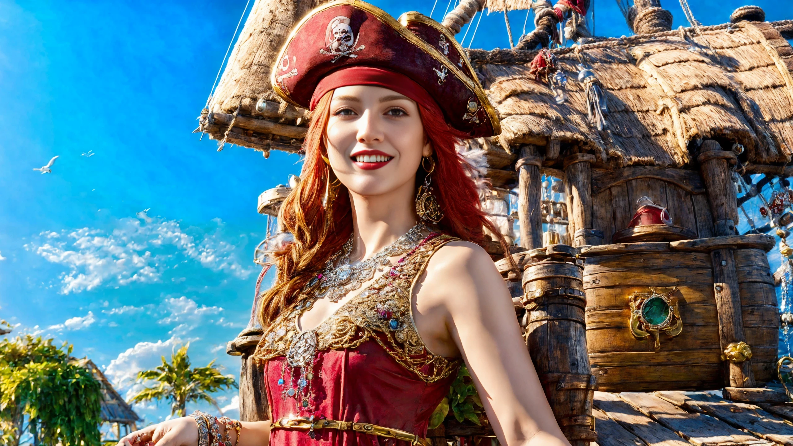 (young redhead pirate woman), (portrait), (parrot:1.2), sharp focus, (ultradetailed), (standing), (happy) smile, pirate (ship galleon:1.2,  hoop earrings, gold medallion, Grapefruit Pinkpirate clothes, pirate hat, hips,   pirate (village), leafy beach coast, (treasure chest with coins, gems and jewels:1.2), (rum barrel), best quality masterpiece,  bright sunny sky, backlight, natural lights, high contrast, hdr, shadows, pretty, beautiful, feminine, sexy, adorable, lovely, in love, (PirateDiffusionprt:0.5),  <lora:Pirate:0.3>  PrateT  <lora:PirateRealms:0.3> <lora:Detail Tweaker LoRA add_detail:0.8> <lora:depth_of_field_slider_v1:5> <lora:SDXLrender_v2.0:0.9>