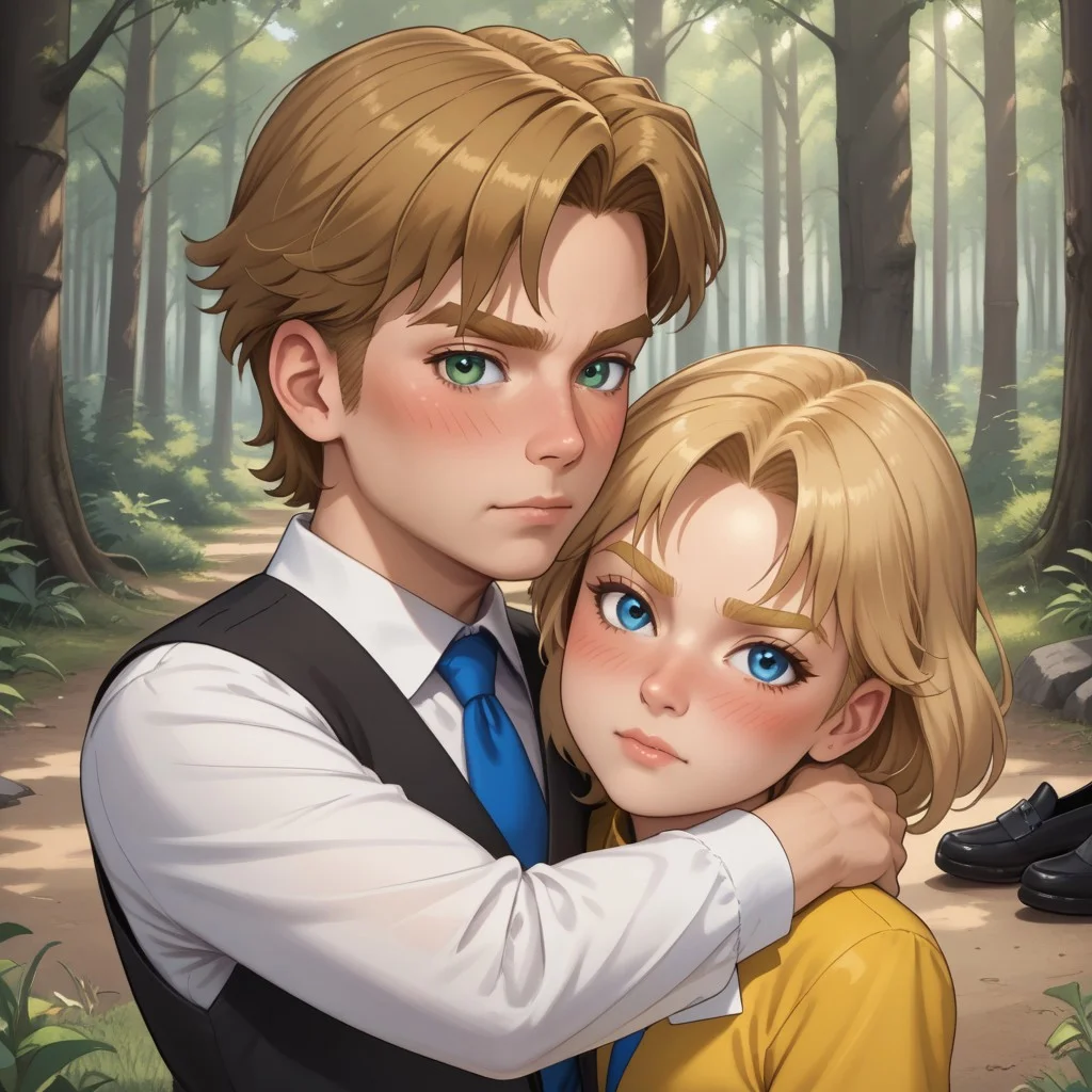 masterpiece, best quality, score_9, break. Pavursula, (((1boy, pavel, blonde hair, blonde eyebrows, blue eyes, blush, yellow clothing, black pants, black shoes))), break, (((1girl, ursula, brown hair, brown eyebrows, green eyes, blush, white clothing, black pants, black shoes))), hug, forest, natural lighting