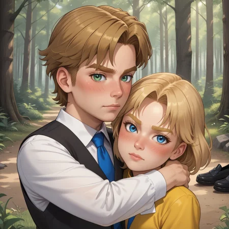 masterpiece, best quality, score_9, break. Pavursula, (((1boy, pavel, blonde hair, blonde eyebrows, blue eyes, blush, yellow clothing, black pants, black shoes))), break, (((1girl, ursula, brown hair, brown eyebrows, green eyes, blush, white clothing, black pants, black shoes))), hug, forest, natural lighting