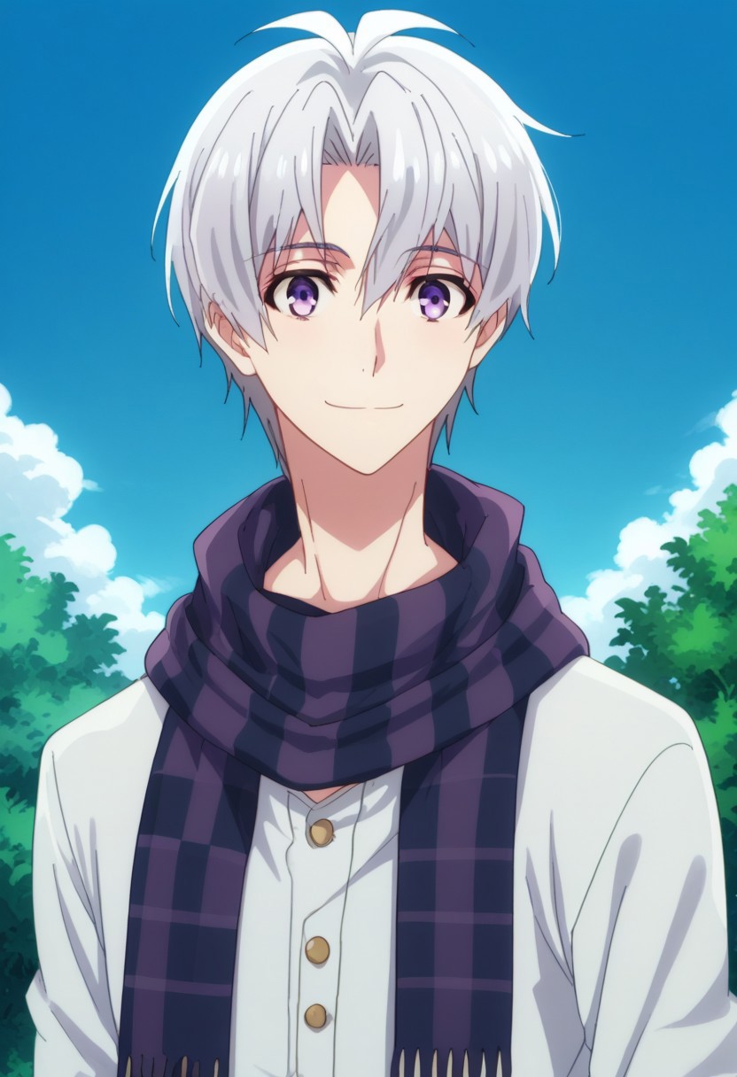 score_9, score_8_up, score_7_up, source_anime, highly detailed, 
sogosaka, 1boy, male focus, scarf, solo, purple eyes, grey hair, smile, upper body, checkered scarf,
outdoor, sky, tree