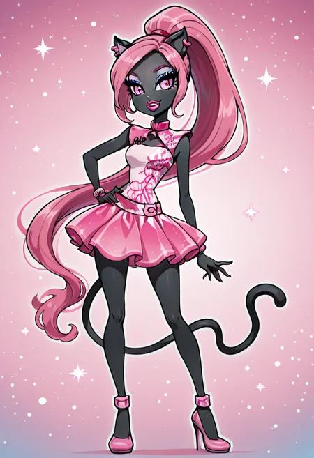 masterpiece, best quality, solo, curvy, beautiful eyes, narrow waist, wide hips, 1girl, solo, smile, looking at viewer, foreshortening, close up, anime screenshot, ,<lora:CattyNoirMH_IXL:0.9>, zzCattyNoir, pink eyes, pink eyeshadow, long hair, pink hair, ponytail, tail, very long hair, black skin, cat ears, cat tail, makeup, sleeveless, pink skirt, idol, jewelry, eyeshadow, high heels, lipstick, C0utur3Cr4z3, <lora:CoutureCraze_IXL:0.6>,, smile, looking at viewer, cowboy shot, dynamic pose, abstract background, <lora:VividIXL_v2:0.7>,