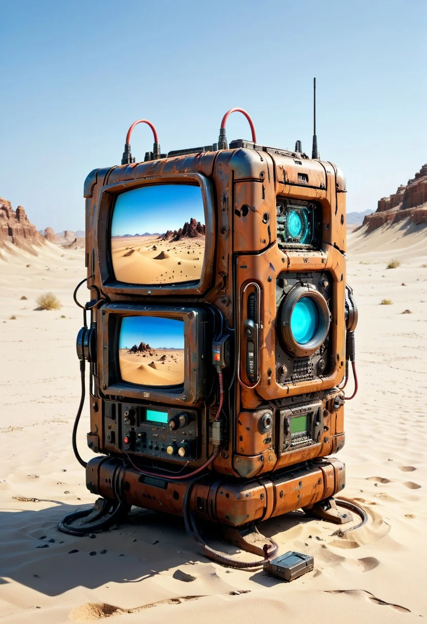 ultra high resolution, masterpiece, best quality, a sci-fi , desert, A (rusty) and (broken) retro computer buried in the sand, in the style of hyper realistic photography. evi@decrepPunk, no human