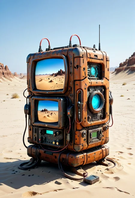 ultra high resolution, masterpiece, best quality, a sci-fi , desert, A (rusty) and (broken) retro computer buried in the sand, in the style of hyper realistic photography. evi@decrepPunk, no human