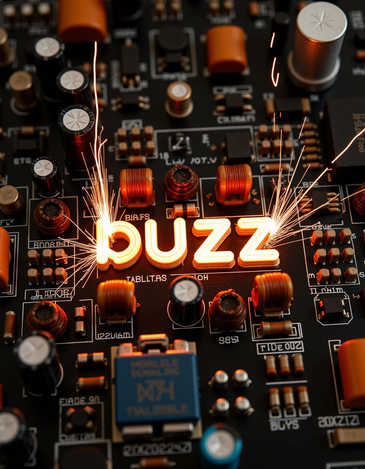 zoomed into some electronics on a circuit board, we can see the copper traces and, various components, capacitors, resistors, and many other parts. within the intricately mounted parts we can make out the word "buzz" being formed by arcing electricity between 2 toroidal transformers
