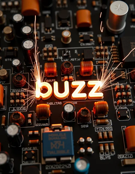 zoomed into some electronics on a circuit board, we can see the copper traces and, various components, capacitors, resistors, and many other parts. within the intricately mounted parts we can make out the word "buzz" being formed by arcing electricity between 2 toroidal transformers