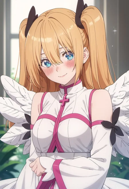 score_9, score_8_up, score_7_up, source_anime, amano ririsa, long hair, blonde hair, blue eyes, 1girl, solo, blush, smile, wings, angel wings, detached sleeves, twintails, hair between eyes, closed mouth
