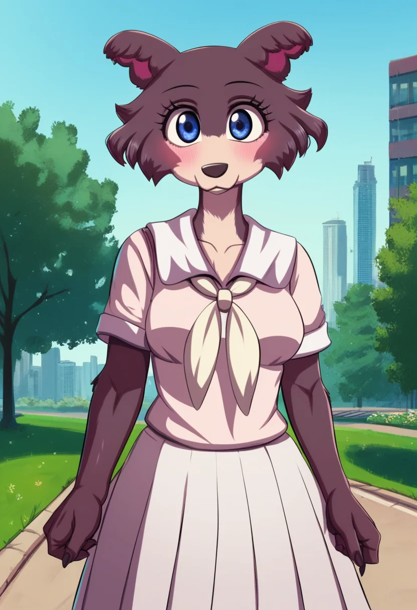 zPDXL, score_9,score_8_up,score_7_up,_up, best quality, amazing quality, masterpiece, 1girl, looking at viewer, solo, fullbody, cute, blush, juno, <lora:Juno-03:1> , wolf girl, animal ears, animal nose, brown fur, blue eyes, white school uniform, neckerchief, blue sky,city, park, skyline, contour_deepening,depth of field, huge filesize,wallpaper,background,(flat color),totodraw, <lora:TotoDraw:1>