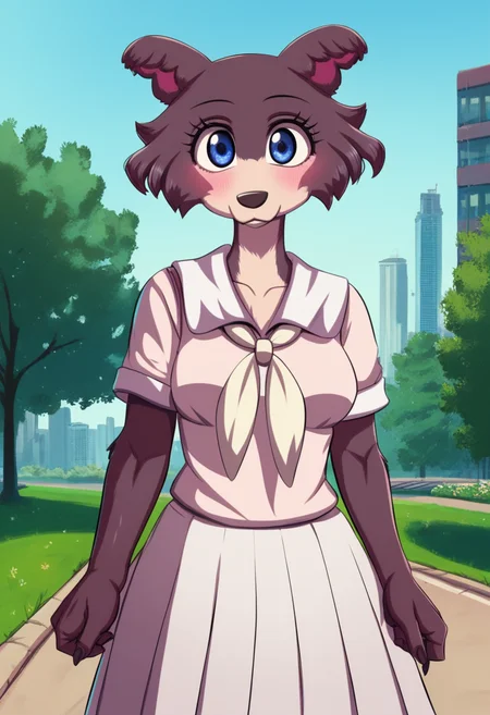 zPDXL, score_9,score_8_up,score_7_up,_up, best quality, amazing quality, masterpiece, 1girl, looking at viewer, solo, fullbody, cute, blush,  juno, <lora:Juno-03:1> , wolf girl, animal ears, animal nose, brown fur, blue eyes, white school uniform, neckerchief, blue sky,city, park, skyline, contour_deepening,depth of field, huge filesize,wallpaper,background,(flat color),totodraw, <lora:TotoDraw:1>