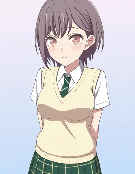takamatsu tomori, 1girl, solo, school uniform, white shirt, collared shirt, short sleeves, yellow sweater vest, green necktie, diagonal-striped necktie, green skirt, plaid skirt, pleated skirt, looking at viewer, light blue background, gradient background, <lora:takamatsu_tomori_IlluXL:1>, cowboy shot, arms behind back, arms behind back, medium breasts,, best quality, masterpiece,highres,