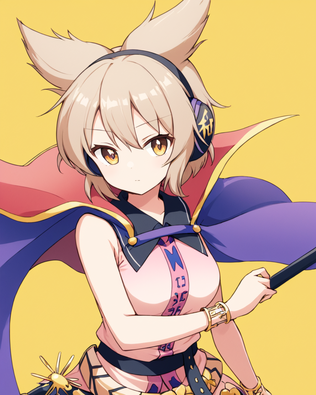 toyosatomimi no miko,1girl, solo, earmuffs, closed_mouth, holding_sword, simple_background, bracelet, looking_at_viewer, unsheathing, yellow_background, breasts, pink_shirt, belt, sleeveless_shirt, purple_cape
<lora:toyosatomimi_no_miko_image4798_2023-12-20-000009:1>,star-shaped_pupils,symbol-shaped_pupils,. gorgeous,key visual, vibrant, studio anime,award-winning, professional, highly detailed,high budget, cinemascope