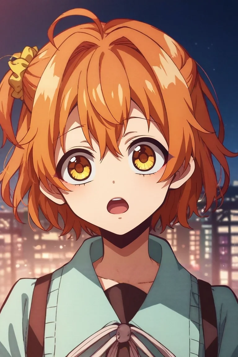 zPDXL, score_9, score_8_up, score_7_up, rating_safe, intricate details, looking at viewer, depth of field, 1girl, fujimaru ritsuka \(female\), orange hair, yellow eyes, ahoge, hair scrunchie, one side up, solo, close-up, city, city lights, indoors, (dynamic pose:1.2), open mouth, <lora:hanako-kun_style_pony:0.86>, hanako-kun_style, , <lora:sdxl_lightning_8step_lora:1>