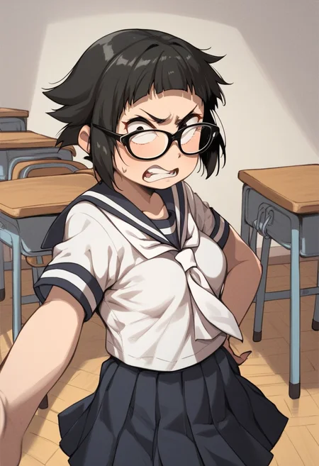 score_9, score_8_up, score_7_up, Kiikoinoue, 1girl, solo, black hair, short hair, short bangs, blunt bangs, sidelocks, black-framed eyewear, glasses, serafuku, white shirt, short sleeves, white neckerchief, black sailor collar, pleated skirt, black skirt, angry, standing, classroom, medium breasts, black eyes, <lora:Kiiko Inoue:1>