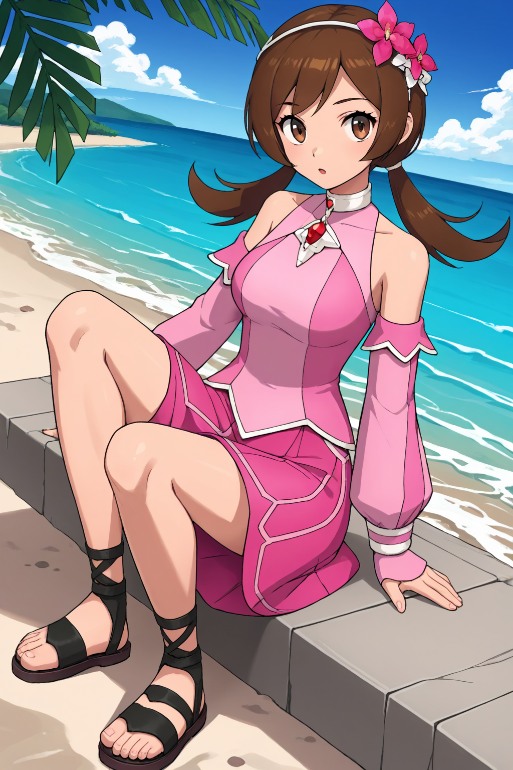 2d, masterpiece, best quality, amazing quality, highres, absurdres, newest, 1girl, solo, sitting, beach, night, from above, dutch angle, looking at viewer, medium breasts, syglyra, brown eyes, brown hair, bangs, low twintails, hairband, hair flower, choker, red gemstone, detached sleeves, bare shoulders, long sleeves, pink shirt, pink skirt, gladiator sandals, black footwear, pink footwear,score_9, score_8_up, score_7_up,source_anime