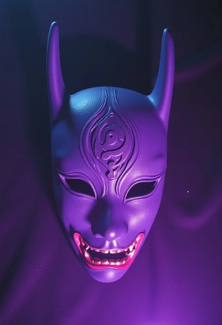 ArsMovieStill, movie still from a 1970s horror movie Studio cursed kitsune mask in a Japanese grave shrine purple cyan miasma