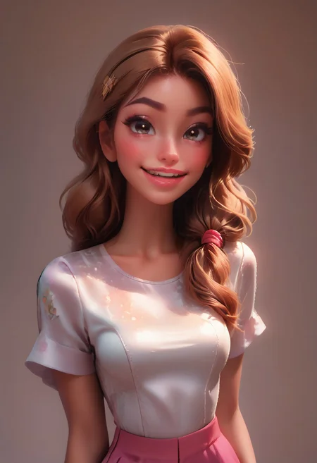 score_9, score_8_up, score_7_up, score_6_up, 18 years old, straight hair, low ponytails, big smile, flirty grin, perfect face, cropped_satin_teeshirt, glossy lips, turning to face viewer, head tilt, 1 girl, perky, looking at viewer, adorable, petite body, cowboy shot, looking at viewer, round face, 18 years old, cutest girl in the world, cowboy shot