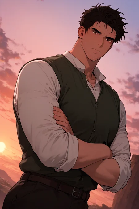 looking at viewer, expressive manly face, male solo, solo, 1boy, PlaywIlic, brown eyes, dark brown hair, short hair, manly, muscular, bara, wide shoulders, large pectorals, muscular, male focus, solo, crossed arms, shirt, green vest, pants, outdoors sunset, from below, dutch angle, dynamic angle, dynamic action, atmospheric perspective, cinematic, intricately detailed illustration, depth of field, masterpiece, best quality, amazing quality, very aesthetic, absurdres, newest,