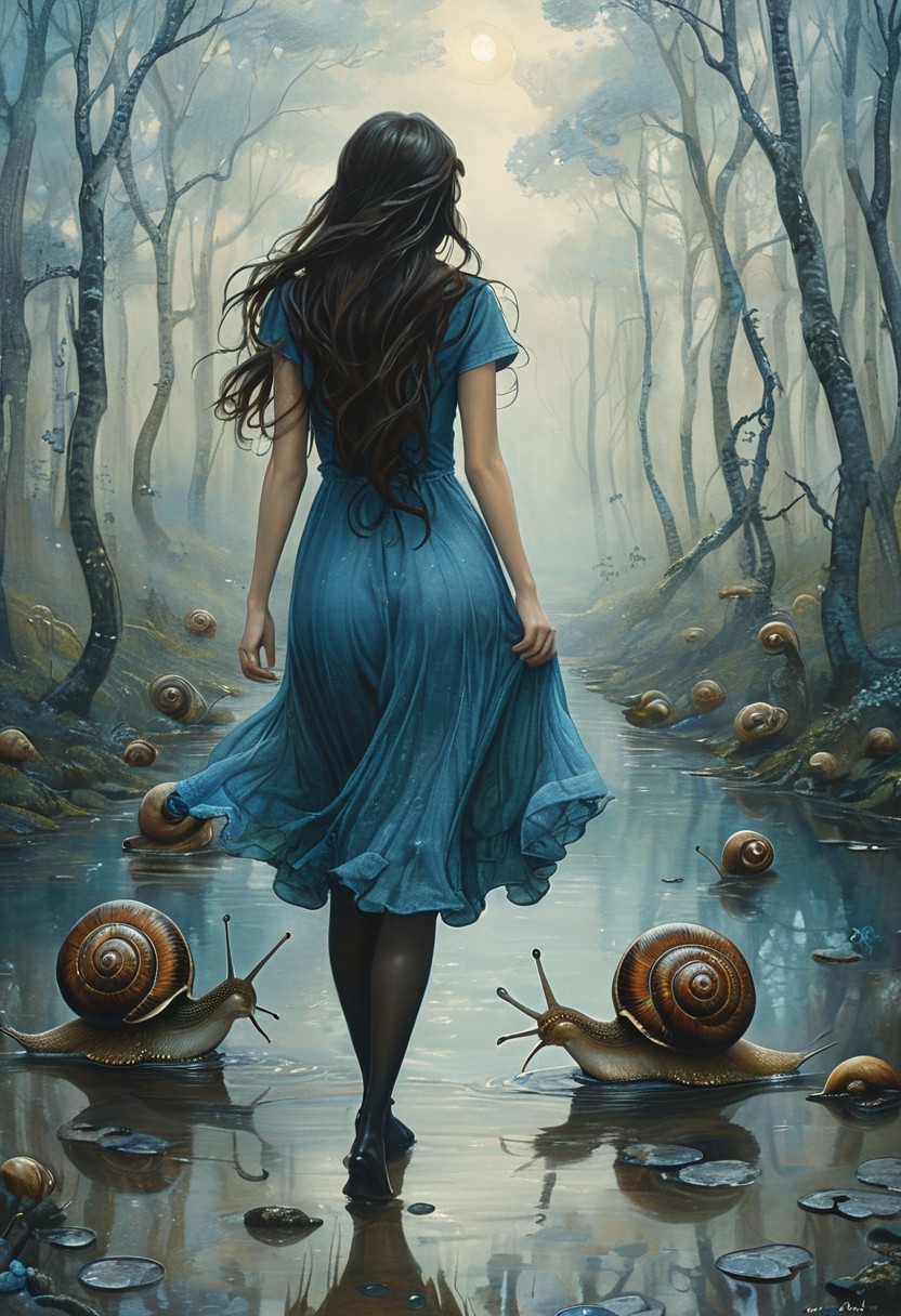 (water-colored), illustration, style of Jessica Galbreth,
(far view, far shot, rear view, facing away:1.3),
(Alice, woman walking, very long dark brown hair,  hair rim lighting, hair in the wind, blue short maid dress with short sleeves, black tights, black shoes:1.5), 
fog, dreamy, dream,
(snails, giant snails, huge snails, lots of snails, water:2)