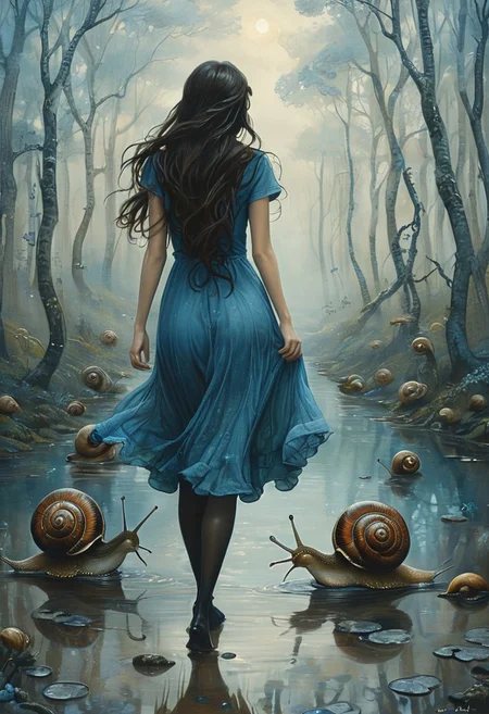 (water-colored), illustration, style of Jessica Galbreth,
(far view, far shot, rear view, facing away:1.3),
(Alice, woman walking, very long dark brown hair, hair rim lighting, hair in the wind, blue short maid dress with short sleeves, black tights, black shoes:1.5),
fog, dreamy, dream,
(snails, giant snails, huge snails, lots of snails, water:2)