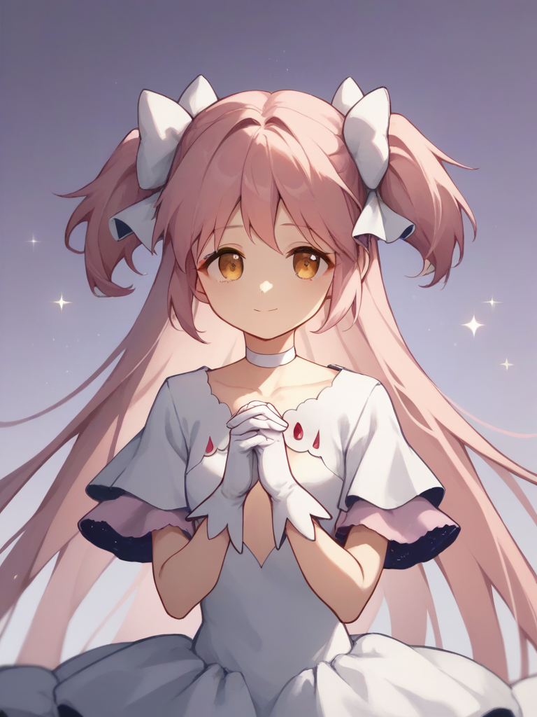 score_9,score_8_up,score_7_up,  <lora:ultimate_madoka:1>ï¼sparkle, wide sleeves, cleavage cutout, solo, purple background, collarbone, layered sleeves, light smile, looking at viewer, white dress, sidelocks, upper body, gradient background, light particles, own hands clasped, long eyelashes, dot nose, frilled dress, 1girl, closed mouth, hair ribbon, tsurime, interlocked fingers, white ribbon, hands up, depth of field, ultimate madoka, small breasts, kaname madoka, white choker, white gloves, hands on own chest
