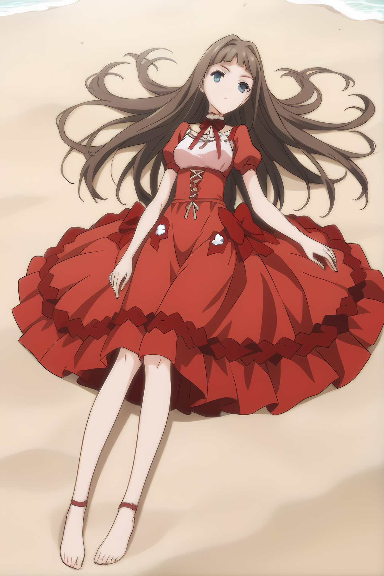 red dress red choker, mt-asuka, brown hair, red bow, medium breasts, 1girl, solo, skinny, masterpiece, high quality, (full body|sitting|standing|lying), beach, , score_9, score_8_up, score_7_up, source_anime, anime, anime style <lora:mt-asuka-V01-000003:1.00>