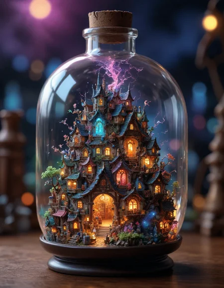 cinematic, micro shot, miniature world, extreme close up inside the big magical round bottle, iridescent colorful massive neon lightning strikes contained inside the bottle, tiny detailed village inside the bottle, there should be mist and smoke inside the bottle, intricate, blurry dark background, <lora:add-detail-xl:1>, <lora:sdxl_lightning_8step_lora:1>, <lora:detailed_notrigger:1>