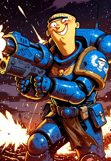 Masterpiece, best quality, 8k, newest, absurdres, highly detailed, 1boy, solo, edboi, mnbrow, space marine armor, firing a heavy bolter, unibrow, smile, holding, battlefield background, detailed background