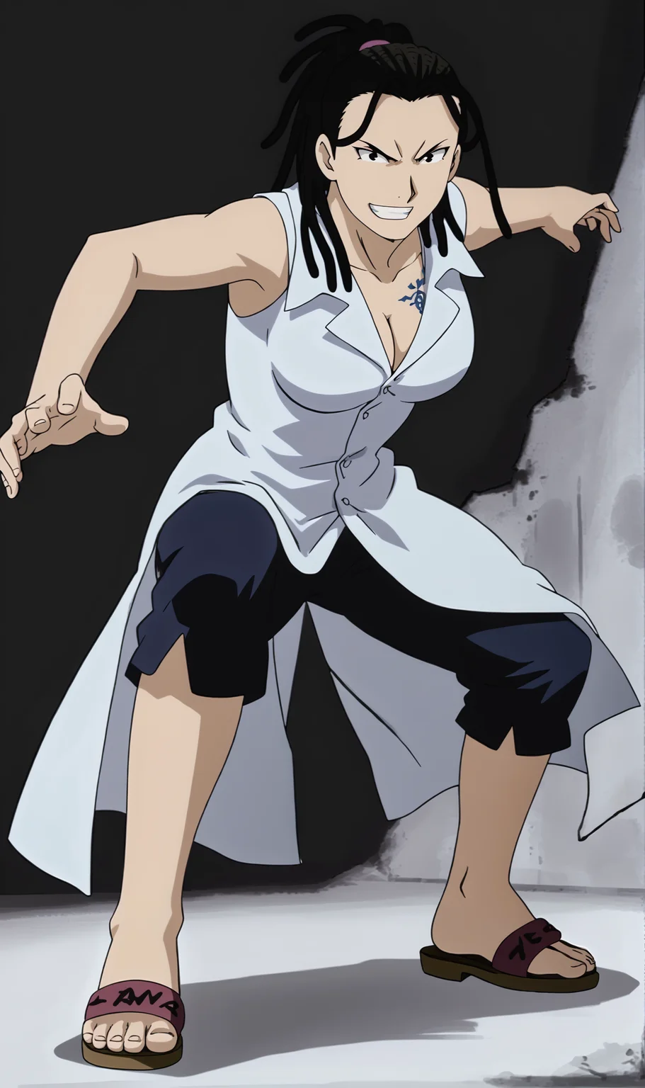 IC, 1girl, solo, retro artstyle, anime coloring, black hair, dreadlocks, ponytail, black eyes, blue tattoo, white lab coat, black pants, sandals, full body, grin, looking at viewer, fighting stance, squat, black background, simple background, <lora:Izumi Curtis Pony XL:0.8>