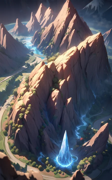 view from above,raytracing,absurdres,masterpiece,low-key,dark,red-blue,mtg,mystical touch,mtg card,anime,a cascading volcano,best quality,artifact,towering mountains,top- down