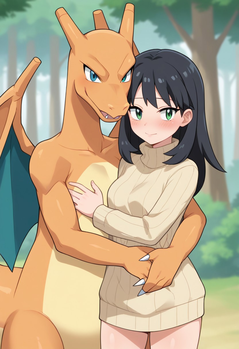 (source_anime, score_9, score_8_up, score_7_up:1), pmandgal, hugging, 1girl, 1poke, bigpoke, female human, male charizard, black hair, green eyes, beige sweater, looking at viewer, outdoors, forest, pokemon \(classic anime\), anime screencap, rating_safe