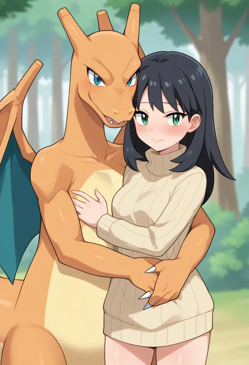 (source_anime, score_9, score_8_up, score_7_up:1), pmandgal, hugging, 1girl, 1poke, bigpoke, female human, male charizard, black hair, green eyes, beige sweater, looking at viewer, outdoors, forest, pokemon \(classic anime\), anime screencap, rating_safe