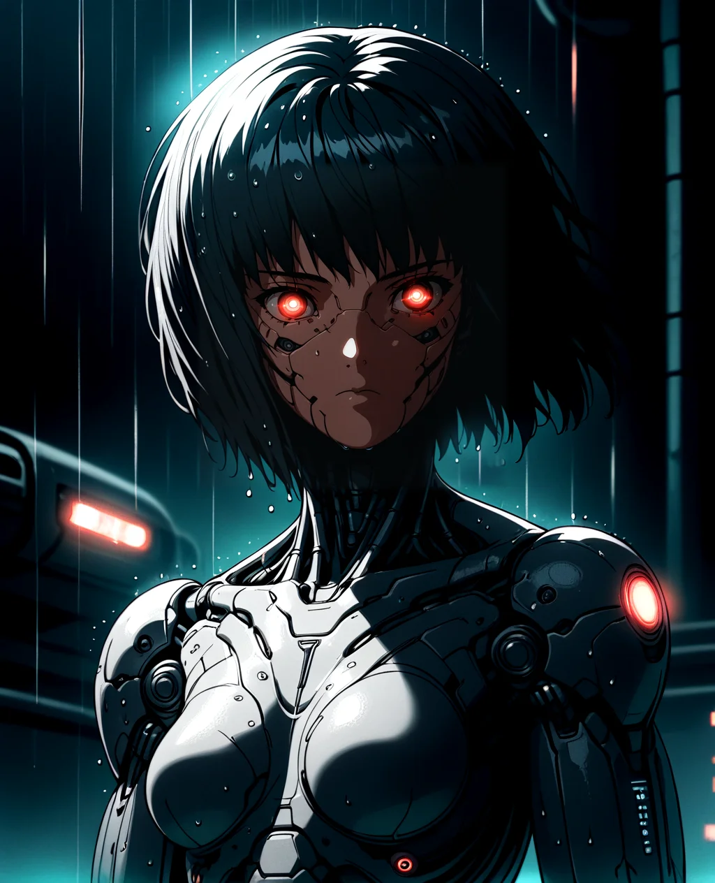 1girl, solo, cyborg, deep red eyes, warm skin color, short hair, cable, science fiction, breasts, mechanical parts, glowing spots on body, looking at viewer, upper body, android, black hair, robot joints, closed mouth, bangs, dark theme, glow, neon, wet, rain, night, soft expression, cyberpunk art, neogeo, saturated, high contrast, halftone effect <lora:RetroAnimeRedux_epoch_10:1> <lora:mecha:.5> mecha <lora:retanime:.6> retanime