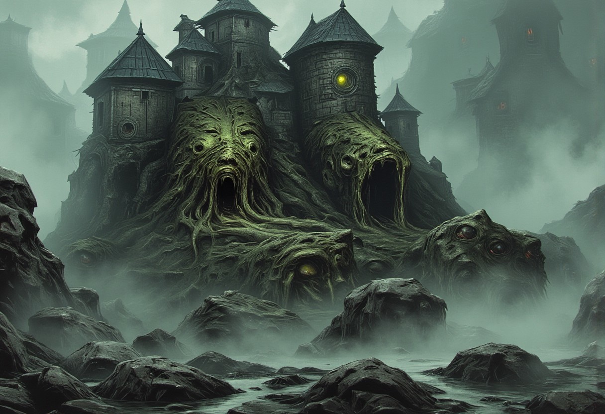 Ilustration in DarkestDungeon style  of ruined castle placed on the island that is floating in the air above the mountains covered in Creeping Fog.
The castle is overgown with shapeless flesh growin in random part of the castle, the flesh on castle walls is also covered in eyes, eyes on the fleshy parts of castle are empy, black and have no pupil or iris, just pure black sclera. 
In the castle windows there are diffrent set of eyes, massive glowing yellow ones with red glowing pupils.
The castle gate is a gianting gaping mouth filled with multiple ets of teeths.
the ground around the castle is filled with old bones, and fleshy tentacles.