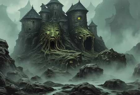 Ilustration in DarkestDungeon style of ruined castle placed on the island that is floating in the air above the mountains covered in Creeping Fog.
The castle is overgown with shapeless flesh growin in random part of the castle, the flesh on castle walls is also covered in eyes, eyes on the fleshy parts of castle are empy, black and have no pupil or iris, just pure black sclera.
In the castle windows there are diffrent set of eyes, massive glowing yellow ones with red glowing pupils.
The castle gate is a gianting gaping mouth filled with multiple ets of teeths.
the ground around the castle is filled with old bones, and fleshy tentacles.