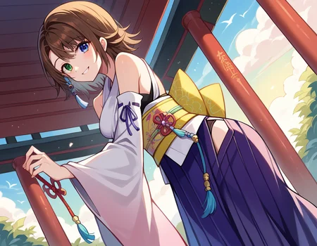 score_9, score_8_up, score_7_up, source_anime,
ffyuna, <lora:ff-yuna-ponyxl-lora-nochekaiser:1>,
yuna, blue eyes, brown hair, green eyes, hair ornament, heterochromia, short hair,
bare shoulders, detached sleeves, hakama, hakama skirt, japanese clothes, purple hakama, skirt, obi, sash, side slit, wide sleeves, white shirt,
outdoors, shrine, bent over, smile,
looking at viewer, cowboy shot, dutch angle,