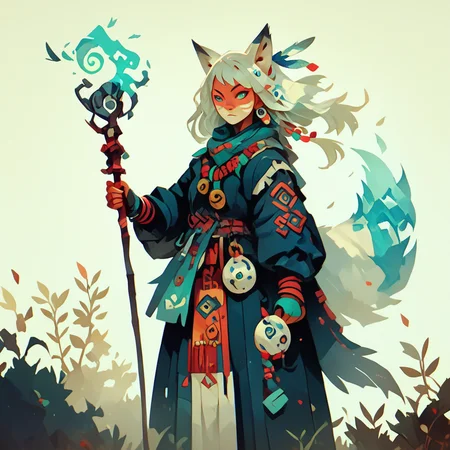score_9, score_8_up, score_7_up, shaman, spirit pet, 1girl, holding a staff, spirit fox
