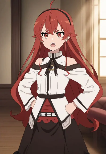 masterpiece, best quality, newest, absurdres, highres, detailed eyes, beautiful, detailed background, perfect eyes, anime screencap, anime coloring, 1girl, solo, eris greyrat, red hair, very long hair, hair between eyes, sidelocks, ahoge, black hairband, thick eyebrows, red eyes, small breasts, ErisDress, white jacket, long sleeves, long sleeves, black neck ribbon, bare shoulders, black skirt, frilled skirt, long skirt, white pantyhose, looking at viewer, hands on hips, tsundere, annoyed, open mouth, (indoors, mansion, living room, window, light rays), (upper body), <lora:eris_mskt_xl_v2-04:0.8>