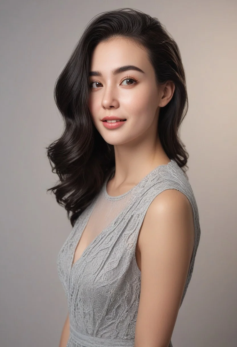 30yo american woman in a photostudio
Modeling High cut, high Quality Dress.
Slight makeup, heavy rimmel. Clear skin. realistic skin style
Long dark black slick back hair.
Shooting light, indors, cable light
Studio background.
Winking left eye. Smiling.
Bokeh. Heavy Bokeh light.
